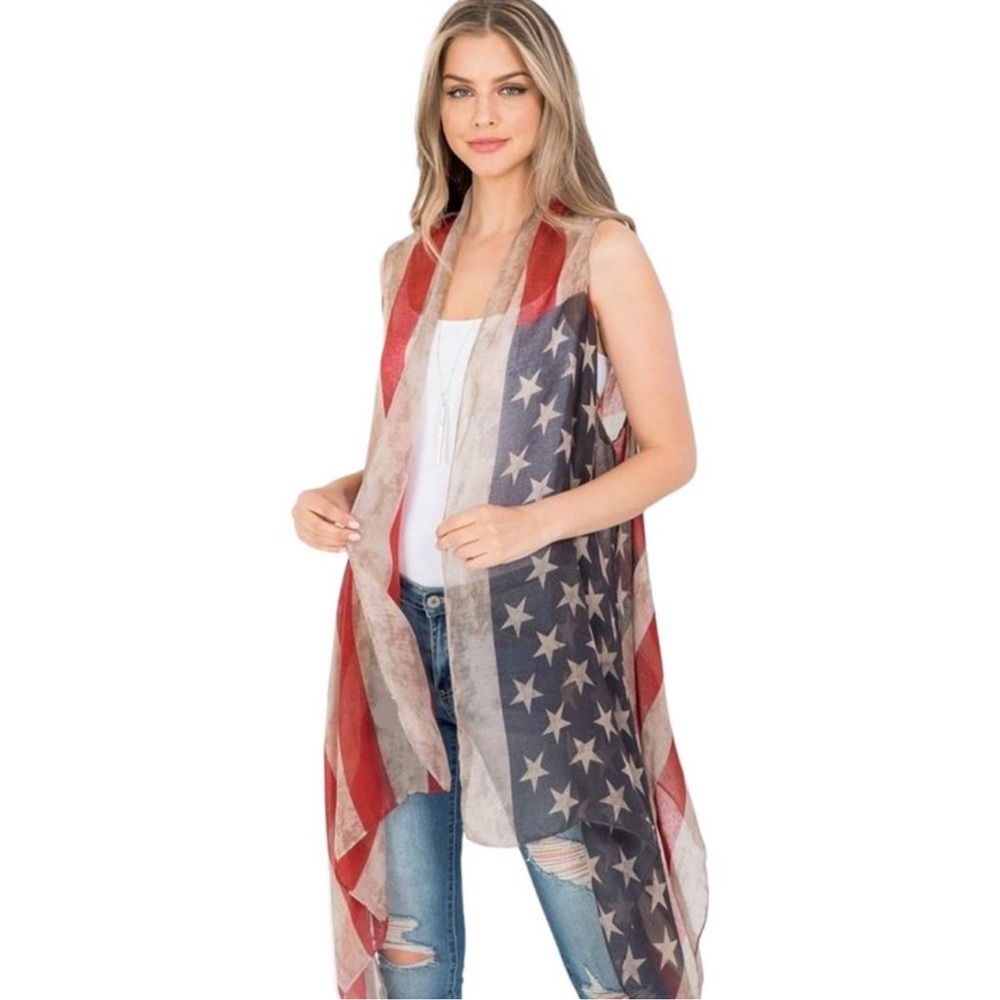NWT distressed Stars and Stripes sheer vest patriotic USA